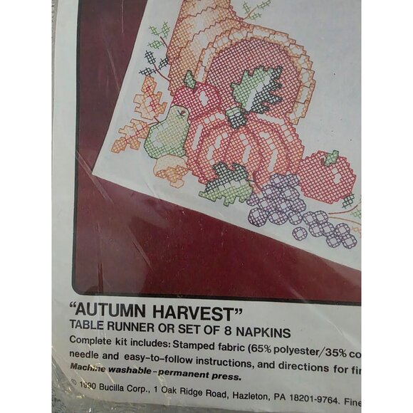 Bucilla Stamped Cross-Stitch Kit Autumn Harvest Table Runner & Napkins - Picture 3 of 4